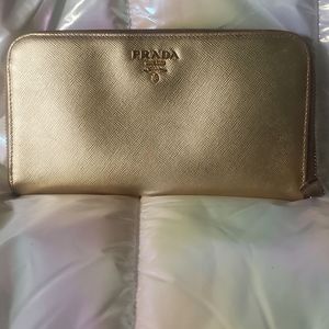 Prada Saffiano Gold Zipper Wallet including COA